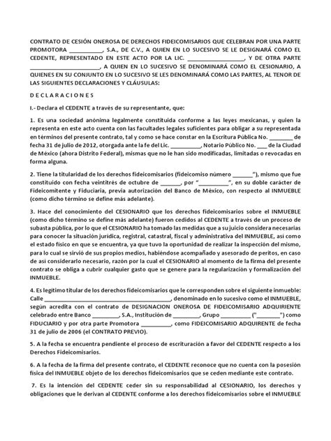 Contrato De Cesión Onerosa Ley De Fideicomiso Propiedad