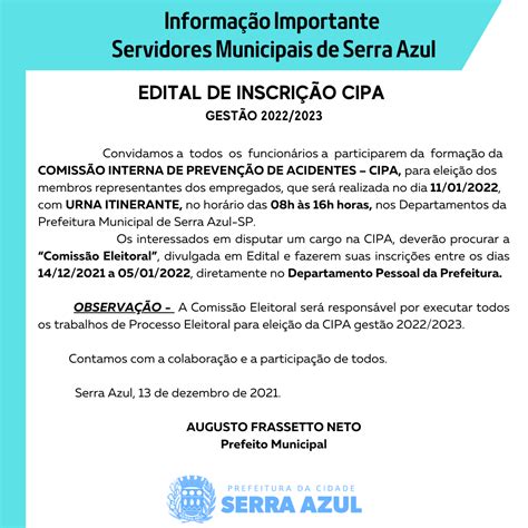 Edital sobre a Eleição CIPA 2022 2023 Prefeitura de Serra Azul SP