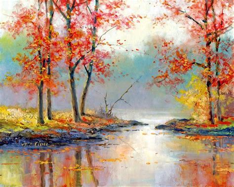 Fall Scene Art Print Of Watercolor Painting Trees Nature Lake Peaceful T Watercolors