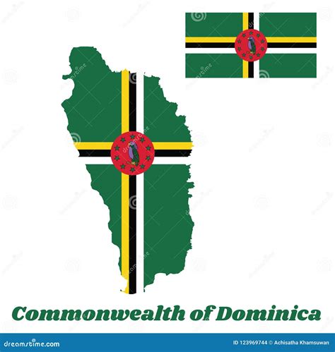 Kaartoverzicht En Vlag Van Dominica Het Groene Gebied Van A Met Het Gecentreerde Zwart Witte