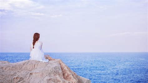 Girl Is Sitting Alone On Rock Wearing White Dress Seeing Ocean Hd Alone