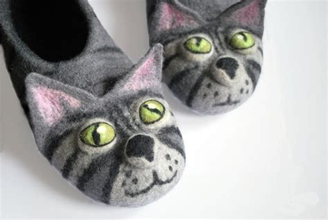 Adult Sizes Felted Grey Cats Slippers With Green Eyes Made To