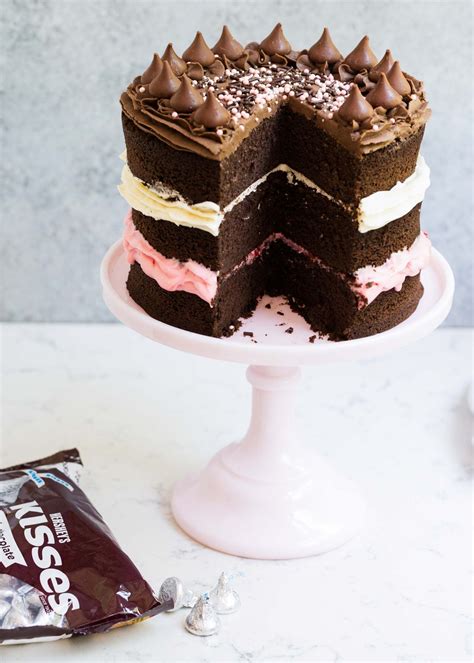 Neapolitan Cake With Layers Of Chocolate Vanilla And Strawberry Buttercream Frosting Cake