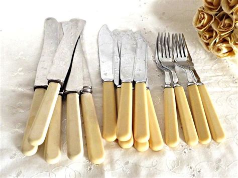 Mixed Vintage Cutlery Set Faux Ivory Bakelite Handle Cutlery Retro