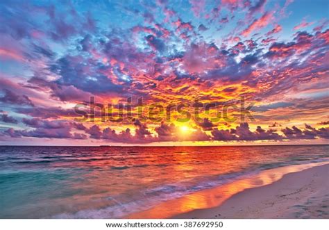 Colorful Sunset Over Ocean On Maldives Stock Photo Edit Now 387692950