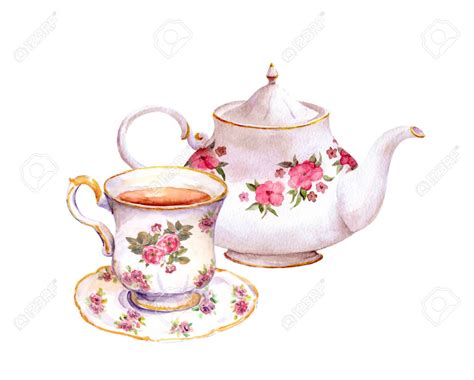 Tea Cup And Teapot With Flowers Design Watercolor In Tea Pots