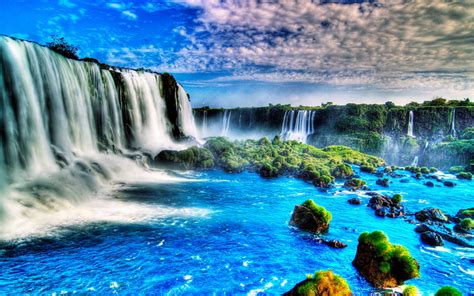 Bright Blue Falls Pretty Water Waterfall Nature Tropical Blue Hd