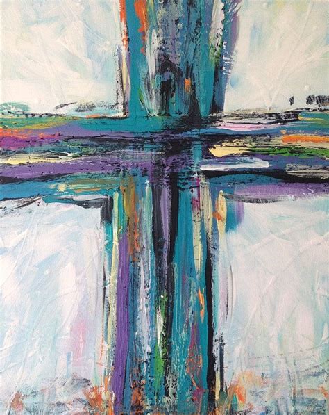 Contemporary Cross Painting Christian Art Teal Black Purple Canvas 16