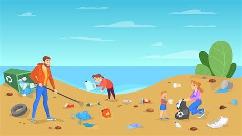 Premium Vector People Collecting Garbage On Ocean Beach