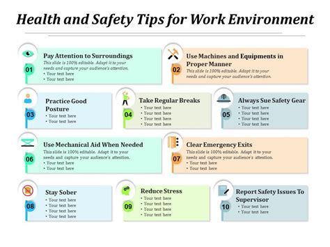 Health And Safety Tips For Work Environment Presentation Graphics