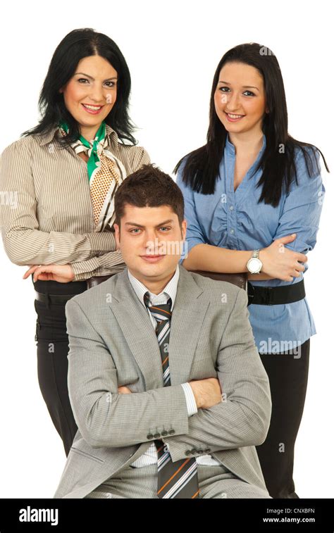 Business Man Sitting On Chair Surrounded By Two Business Women Isolated