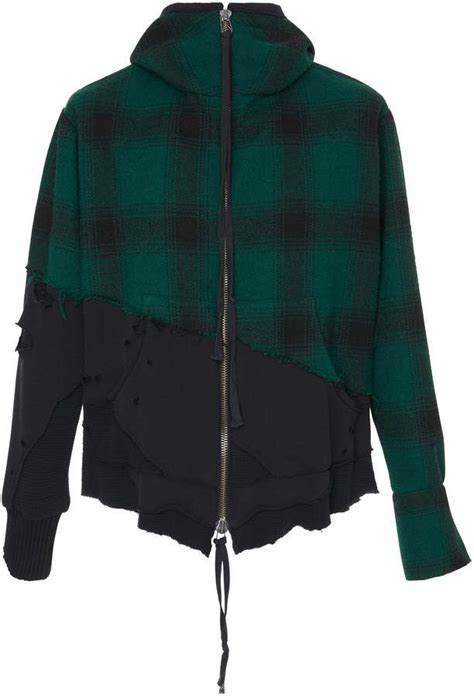 Greg Lauren Distressed Plaid Wool And Cotton Jersey Hooded Track Jacket