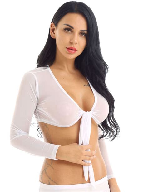 Womens Sheer Mesh Crop Tops Long Sleeve Blouse Open Front Shrug Belly Dancewear Ebay