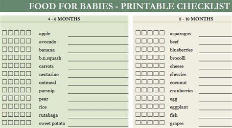 food  babies checklist  excel templates