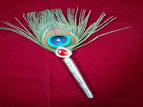 Multicolor 4 Inch Pure Silver Mor Pankh Peacock Feather For Puja