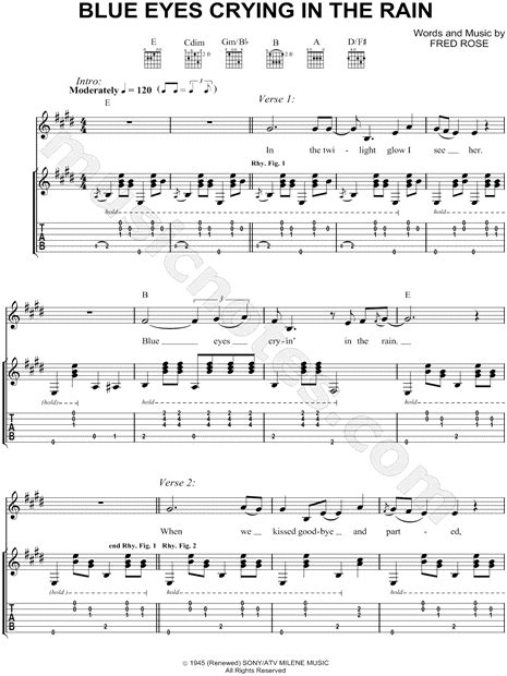 But till then, darling, you'll. Willie Nelson "Blue Eyes Crying in the Rain" Guitar Tab in ...