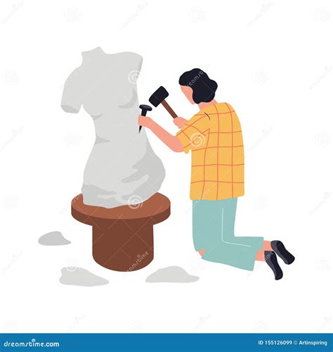 Sculptor Working Carving Stone Cartoon Vector
