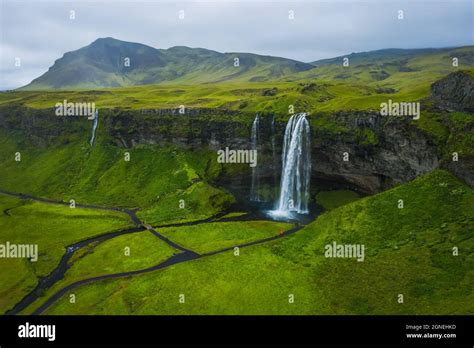 Aerial Photo Of Most Visited Seljalandsfoss Waterfall Iceland Stock