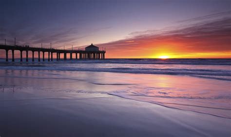Ocean Usa Pier Bridge Beach Sea Sunset Waves