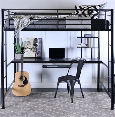 Full Size Black Metal Loft Bed Workstation Steel Study Loft With Desk