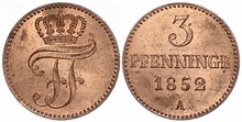 Moneda 3 Pfennig Mecklemburgo-Schwerin (1352-1918) Cobre 1864 Federico ...