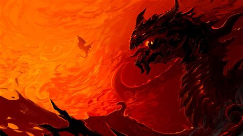 Fantasy Red Dragon Is Standing Near Fire 4k 5k Hd Dreamy Wallpapers