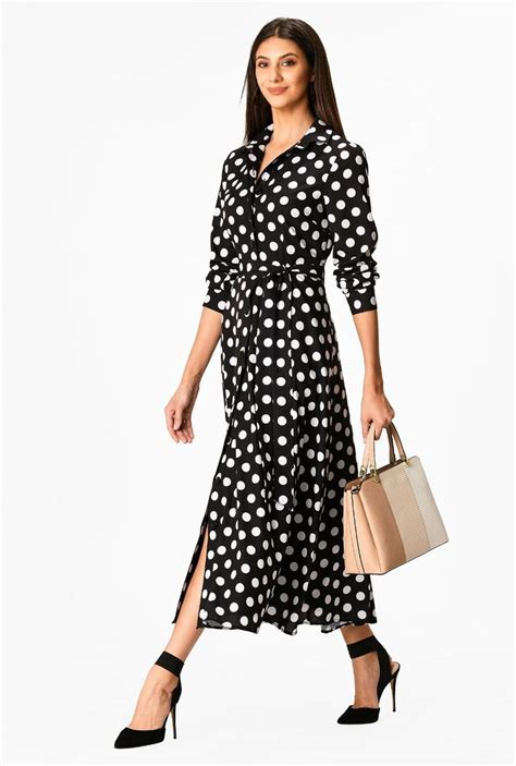Polka Dot Print Sash Tie Crepe Shirtdress Maxi Knit Dress Fashion