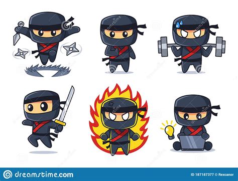 Black Ninja Cartoon Collection In Various Poses Set Stock Vector