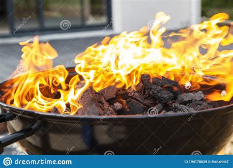 Black Barbecue With Burning Coals Outside Fire Stock Image Image Of