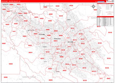 South Bay Silicon Valley Ca Metro Area Zip Code Wall Map Red Line
