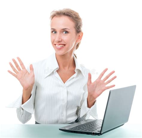 friendly administrative assistant at the desk with a laptop stock image image of computer