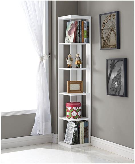 White Finish Wood Wall Corner 5 Tier Bookshelf Bookcase Living Room