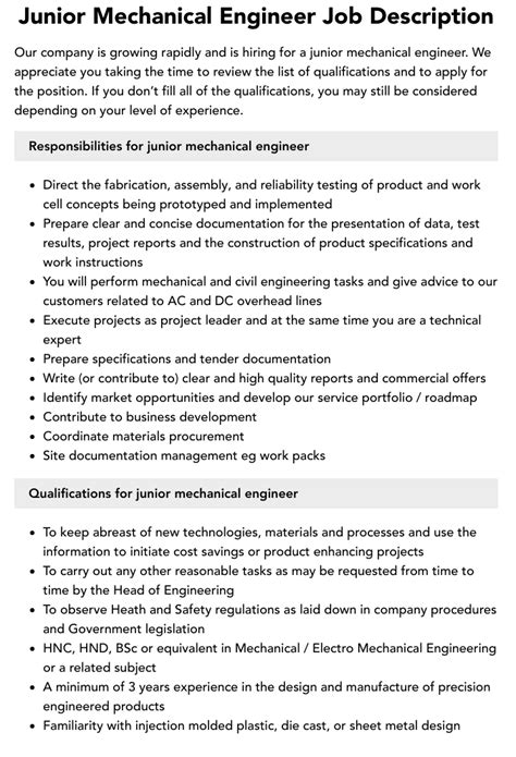 Junior Mechanical Engineer Job Description Velvet Jobs