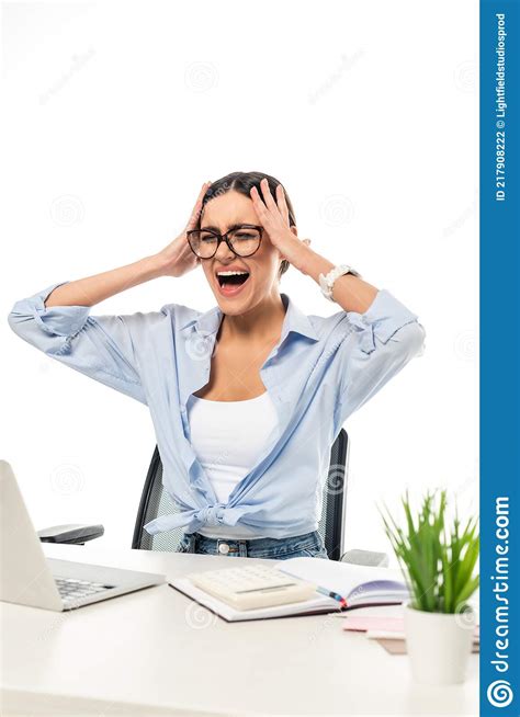Irritated Businesswoman Shouting And Touching Head Stock Photo Image