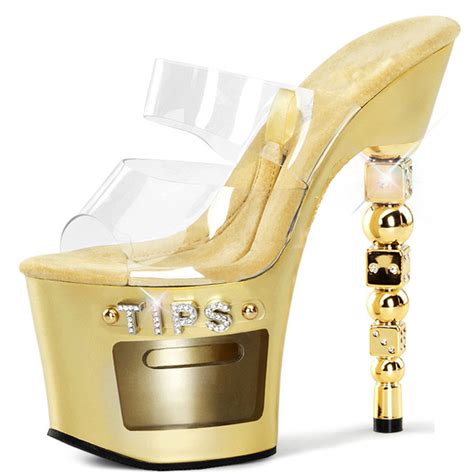 Summitfashions Shimmering Gold Tips Heels With Dice Shaped 7 Inch Heels And Tip Jar Platform