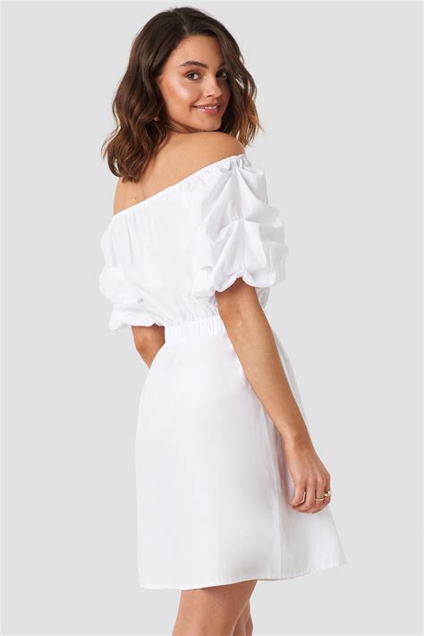 Off Shoulder Puff Sleeve A Line Dress Biały Na