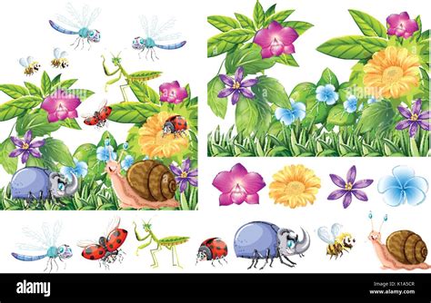 Many Insects In Flower Garden Illustration Stock Vector Image And Art Alamy