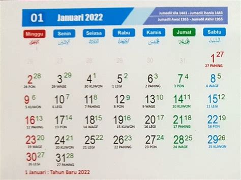 Kalender Bulan Januari 2022 Lengkap Dengan Tanggal Merah Libur