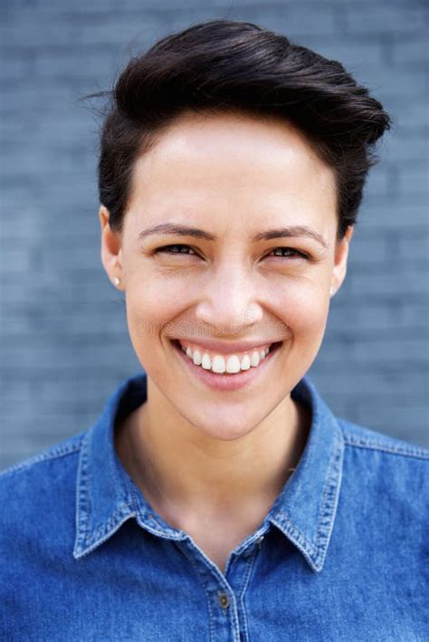 Young Modern Woman With Short Hair Smiling Stock Image Image Of Copy