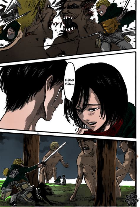 The plot of attack on titan revolves around the young elen hunter, his adoptive sister mikasa and his best friend armin arlert, who live together with the rest of humanity in cities protected by huge walls from the attacks of the. Shingeki No Kyojin Manga - Chapter 50 #29 Colored by ...