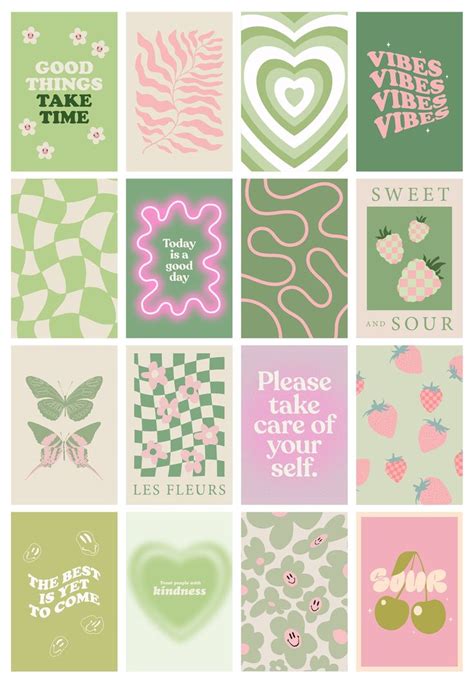 Danish Pastel Wall Collage 16pcs 4x6 In Green Pink Aesthetic Etsy