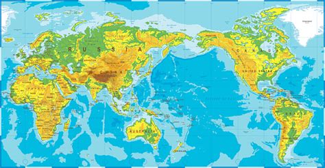 Political Physical Topographic Colored World Map Pacific Centered Stock