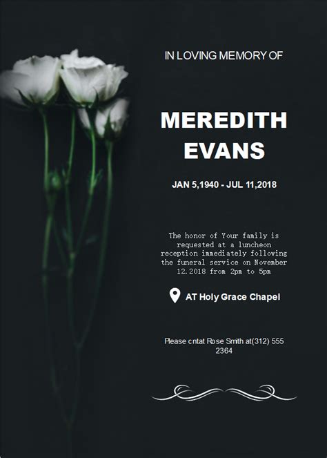 This floral photo memorial service announcement can be a meaningful and practical way to give family. Free Black Background Funeral Invitation Templates