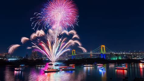 Tokyo City Fireworks Beautiful Night Bay Bridge Illumination
