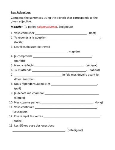 Adverbes French Adverbs Worksheet 2 Teaching Resources
