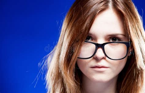 Closeup Strict Young Woman With Nerd Glasses Stock Photo Image Of
