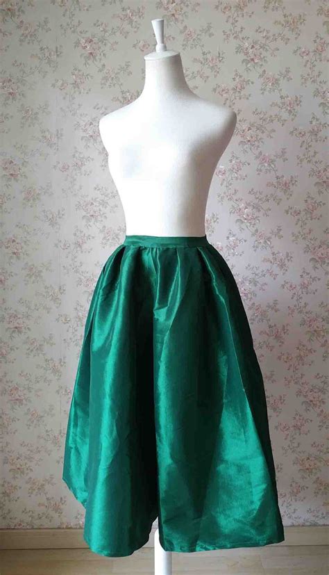 Emerald Green A Line Ruffle Taffeta Skirt Women Taffeta High Waist