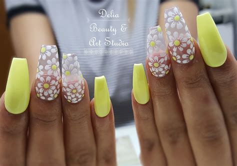 Yellow Nails Acrylics White Flower Design Free Handed Flower Nail