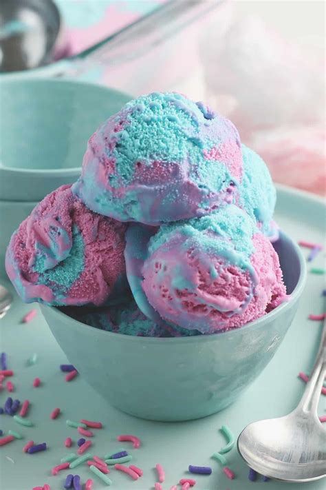 Pink And Blue Cotton Candy Ice Cream In A Blue Bowl With Sprinkles