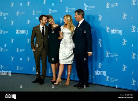 Cast Members Aaron Paul Imogen Poots Toni Collette And Pierce Brosnan L R Pose During A